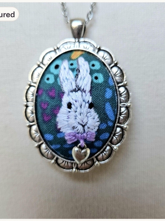 Jewelry - Hand Embroidered White Bunny Rabbit Pendant Necklace